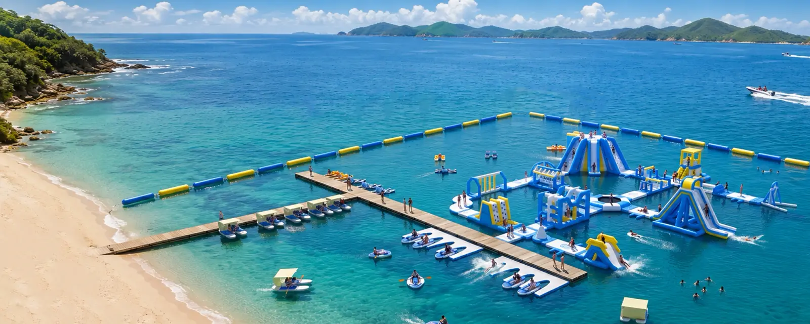 Inflatable water park attraction at a leisure venue